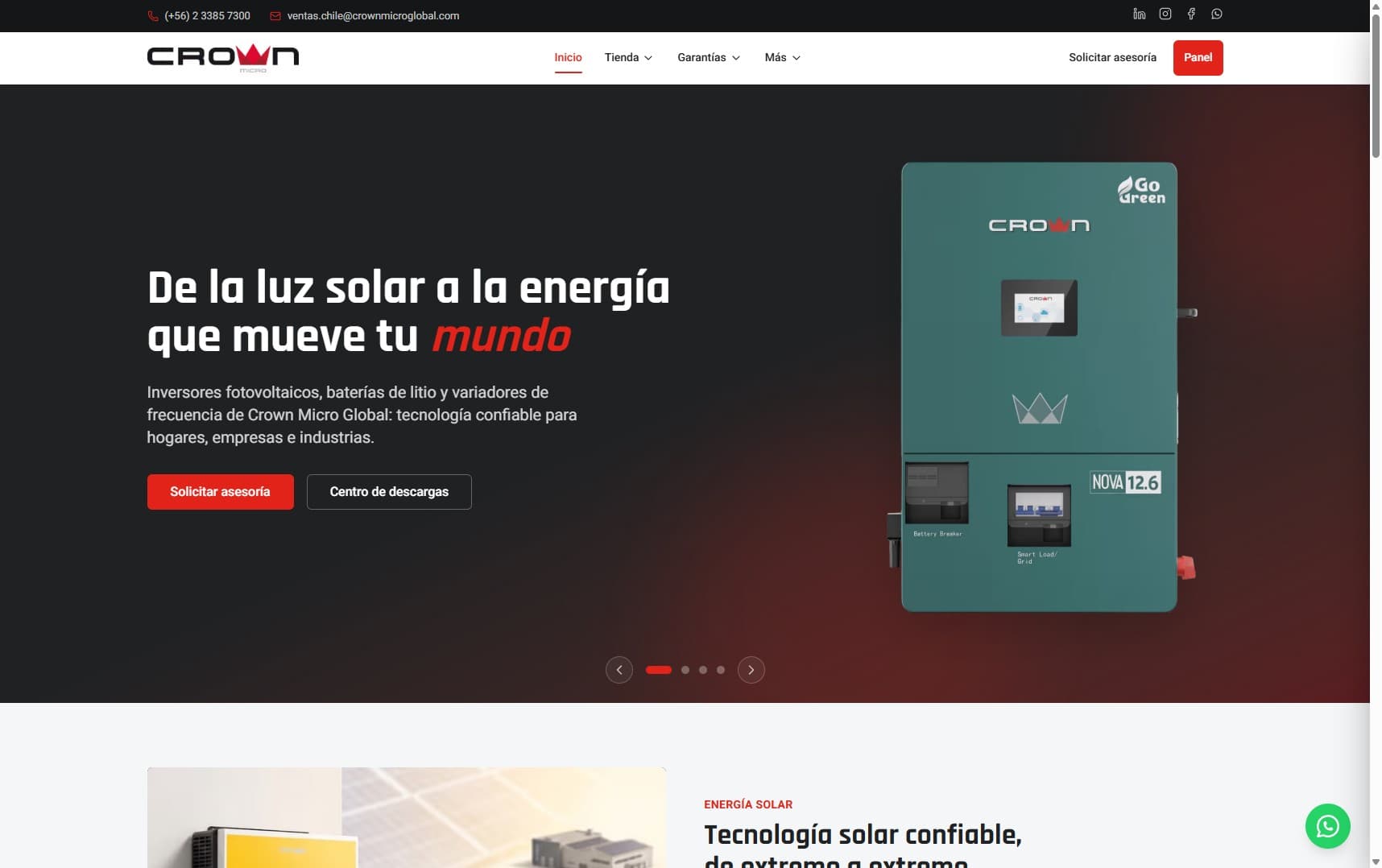 Sitio de crownmicroglobal.cl en producción: inversores fotovoltaicos y baterías de litio
