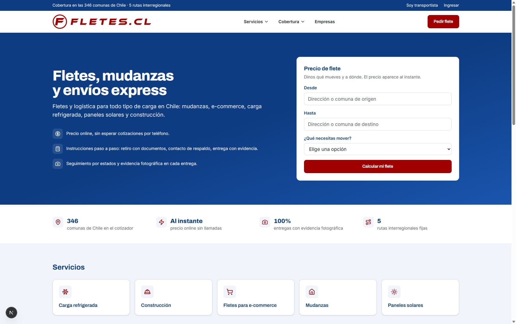 Sitio de fletes.cl en producción: cotizador de fletes, mudanzas y envíos
