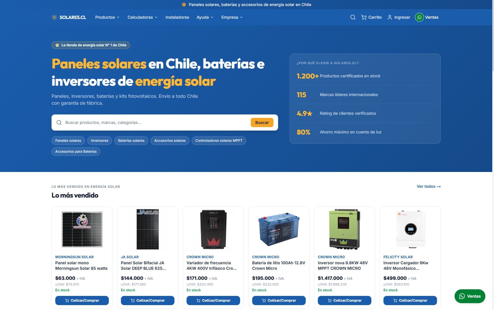Sitio de solares.cl en producción: tienda online de paneles solares, baterías e inversores